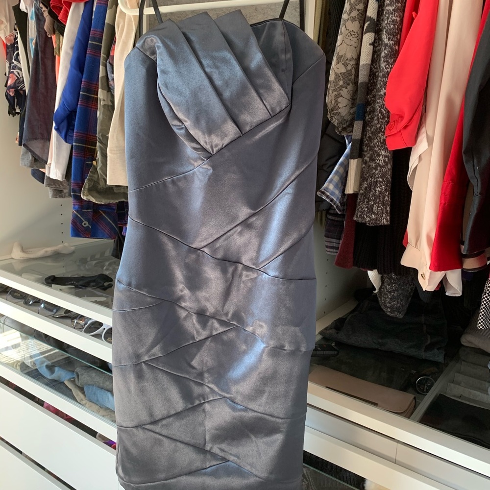 Strapless gunmetal grey cocktail dress